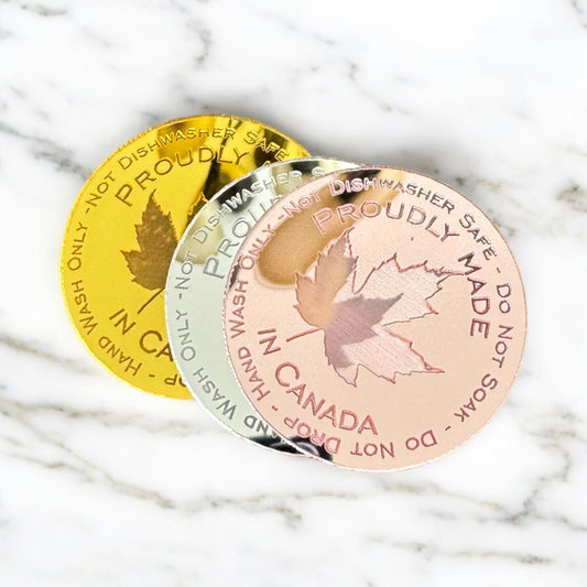 Proudly made in Canada Ultra Thin mirror acrylic circle tags with care instructions for tumbler bottoms