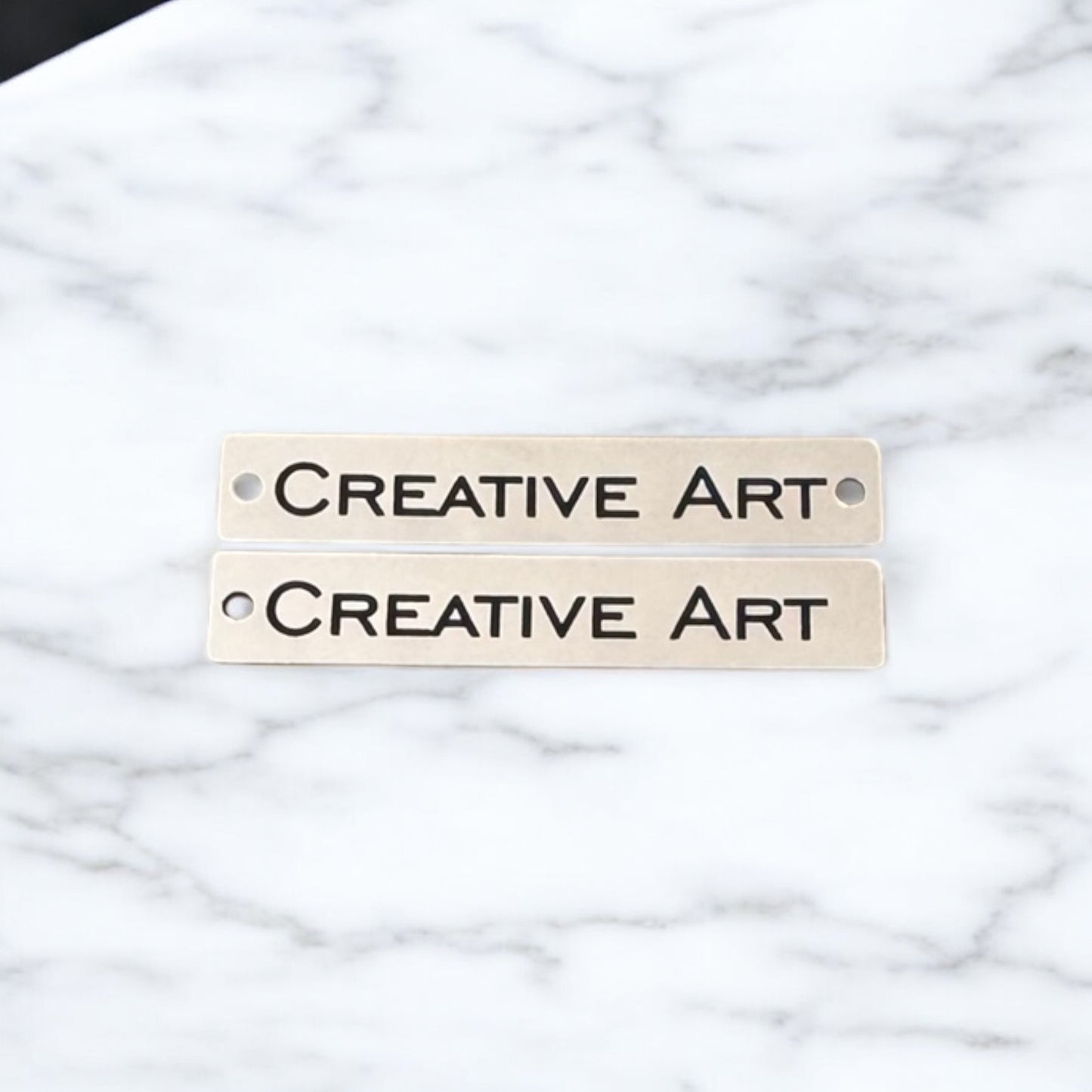 Two toned long rectangle tags with hole/s Chrome/Black SET of 20