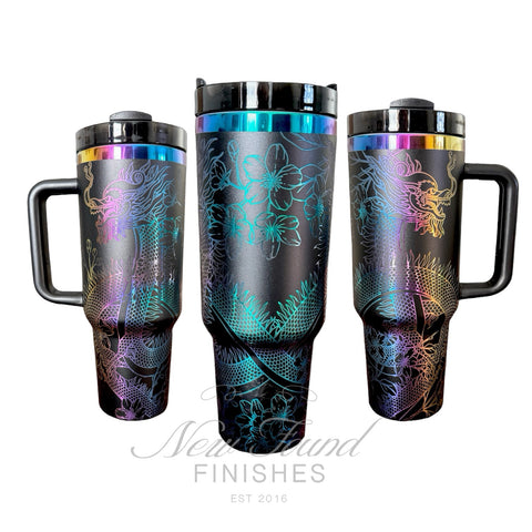 360 Dragon black/rainbow oil slick laser engraved 40oz tumbler with handle and straw.