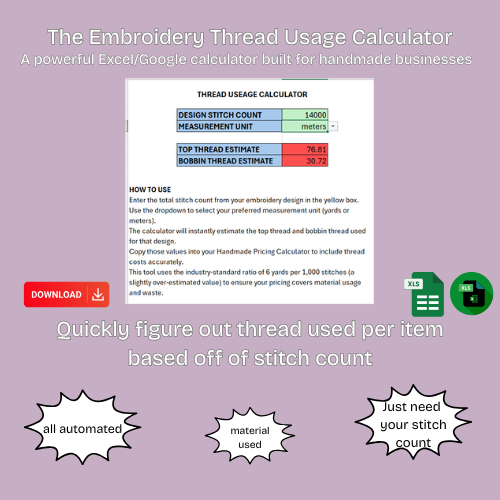 Embroidery Pricing Calculator Add-On | Thread Cost & Stitch Estimate Tool for Google Sheets and Excel