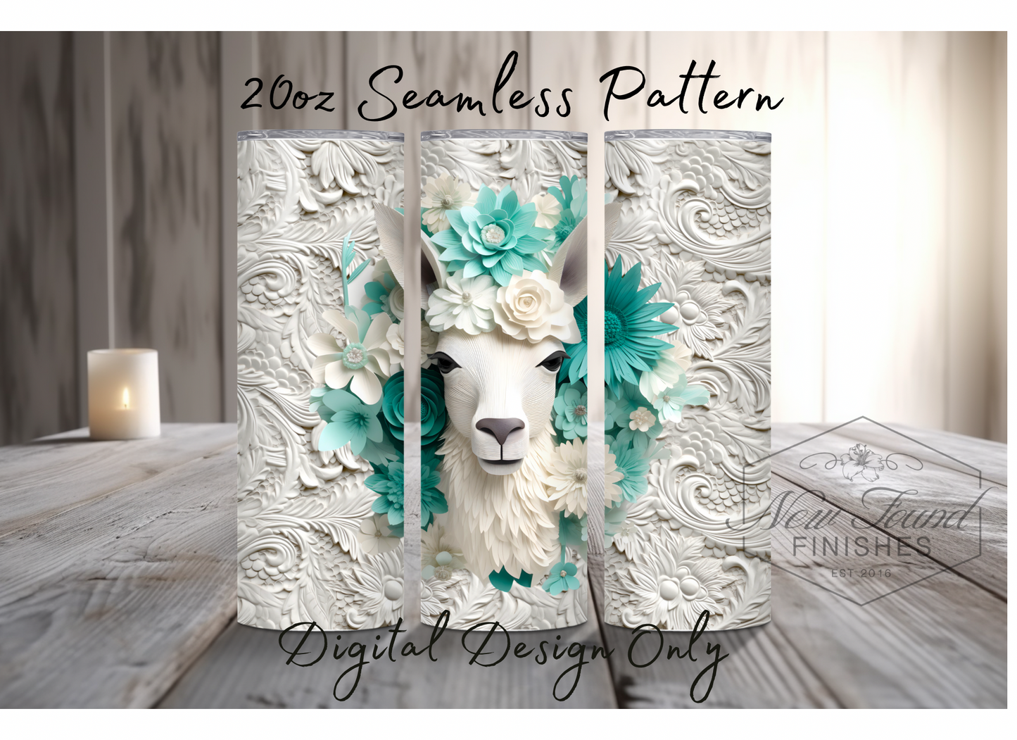 Llama and 3D flower seamless 20 Oz wrap - PNG