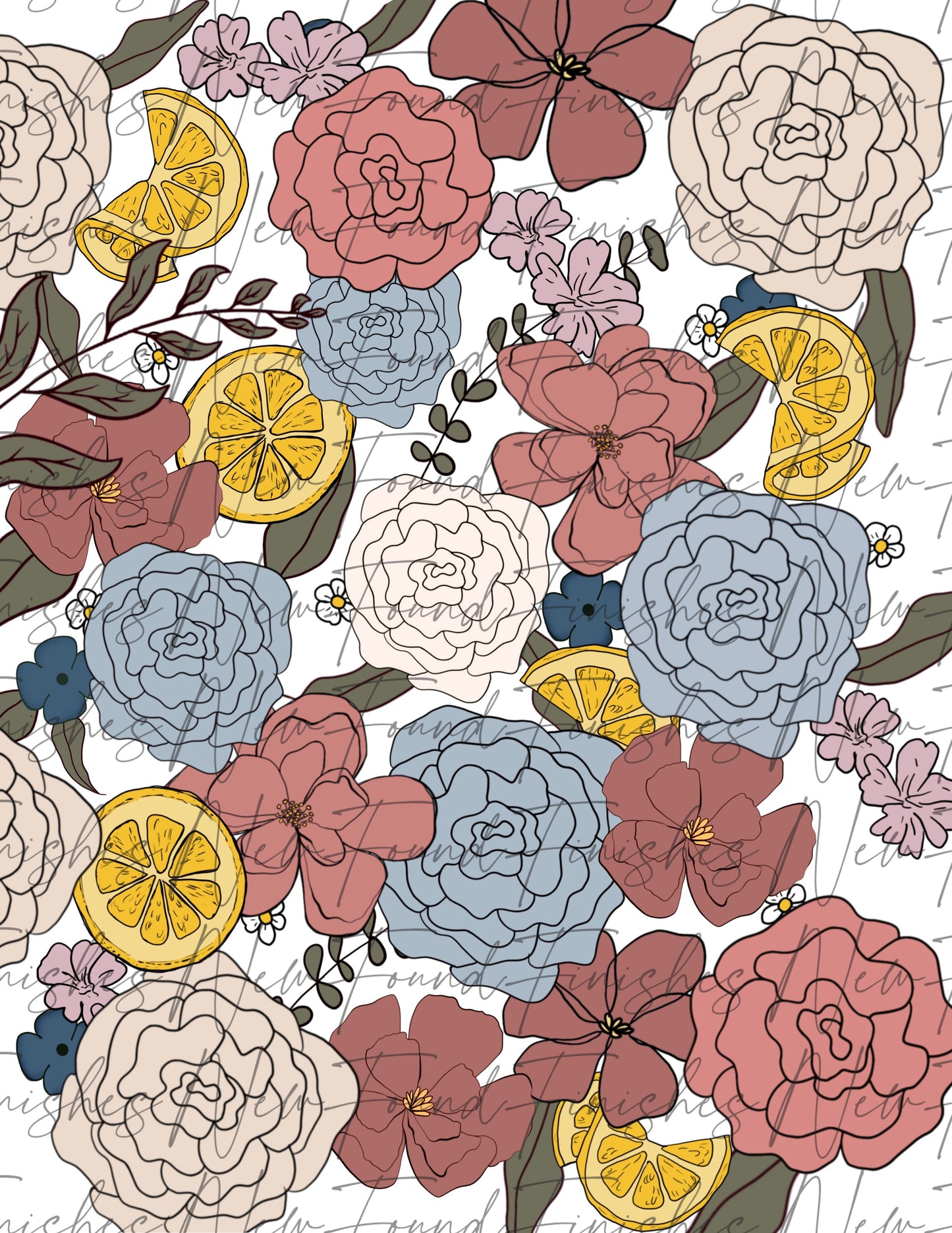 Lemon and floral hand drawn floral PNG