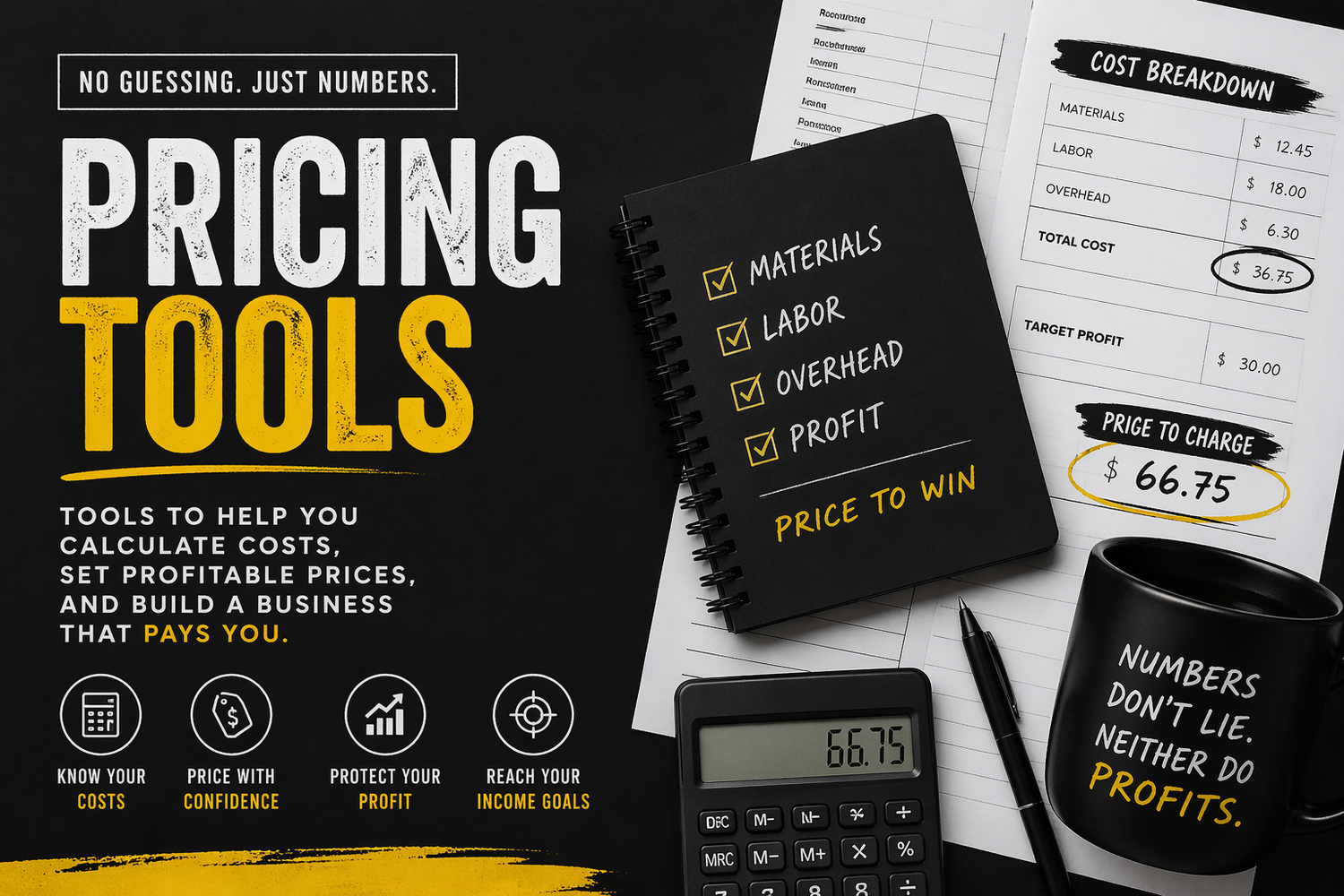Pricing tools for small businesses including cost calculator, price breakdown worksheets, and profit planning tools to help calculate costs and set profitable prices.
