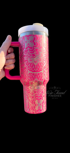 360 laser engraved 40oz tumbler with handle and straw.