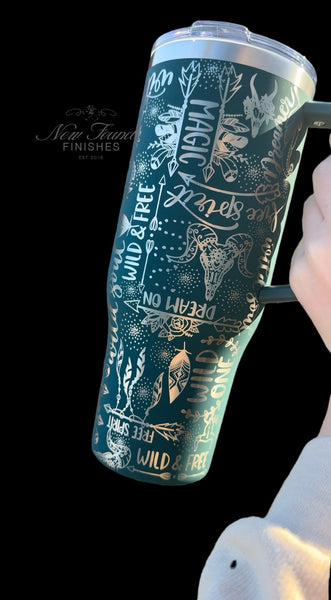 360 laser engraved 40oz tumbler with handle and straw.