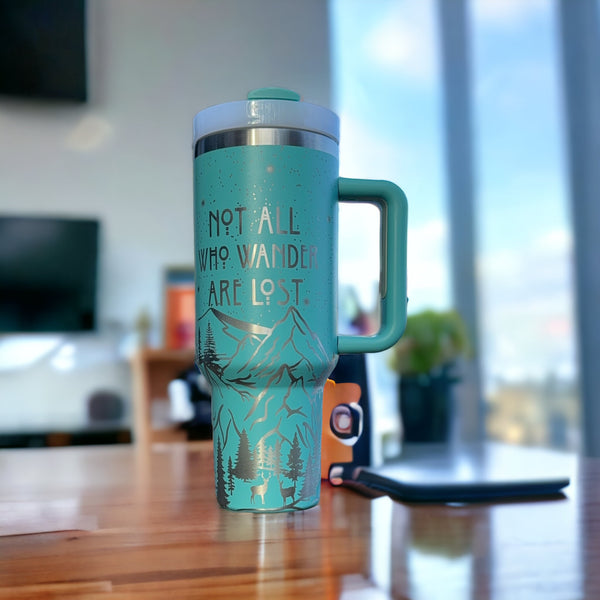 360 laser engraved 40oz tumbler with handle and straw.