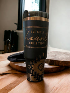 360 heart like a truck western black/copper laser engraved 40oz tumbler with handle and straw.
