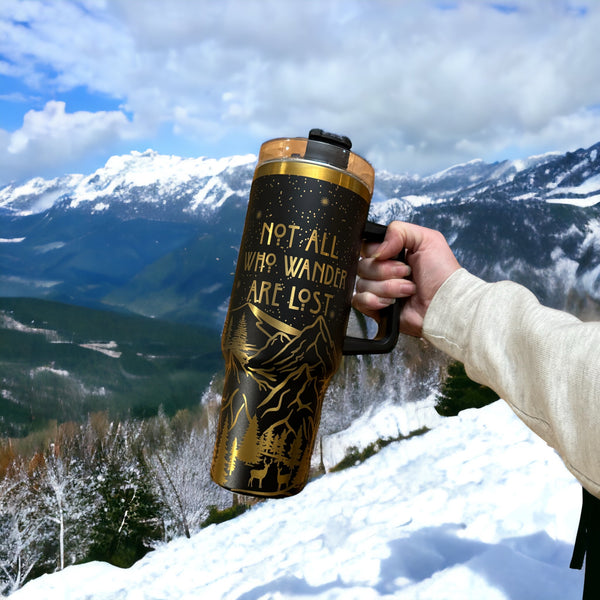 360 laser engraved 40oz tumbler with handle and straw.