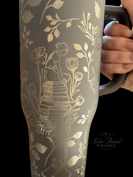 360 laser engraved 40oz tumbler with handle and straw.