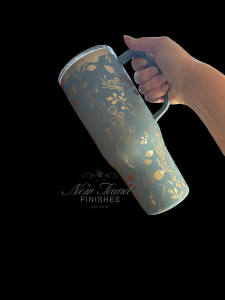 360 laser engraved 40oz tumbler with handle and straw.