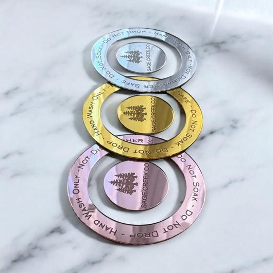 Ultra Thin mirror acrylic circle RING tags with care instructions for tumbler bottoms SET OF 20