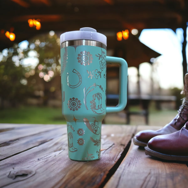 360 laser engraved 40oz tumbler with handle and straw.