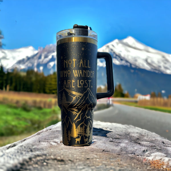 360 laser engraved 40oz tumbler with handle and straw.