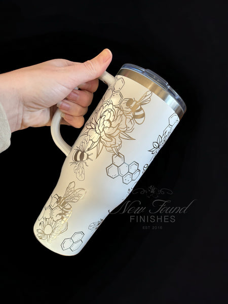 360 laser engraved 40oz tumbler with handle and straw.