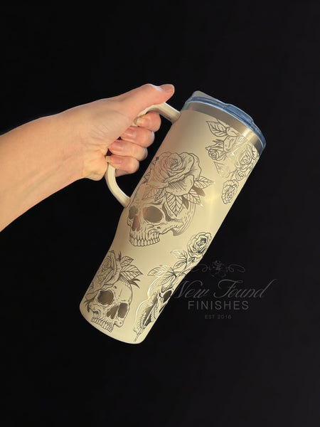 360 laser engraved 40oz tumbler with handle and straw.