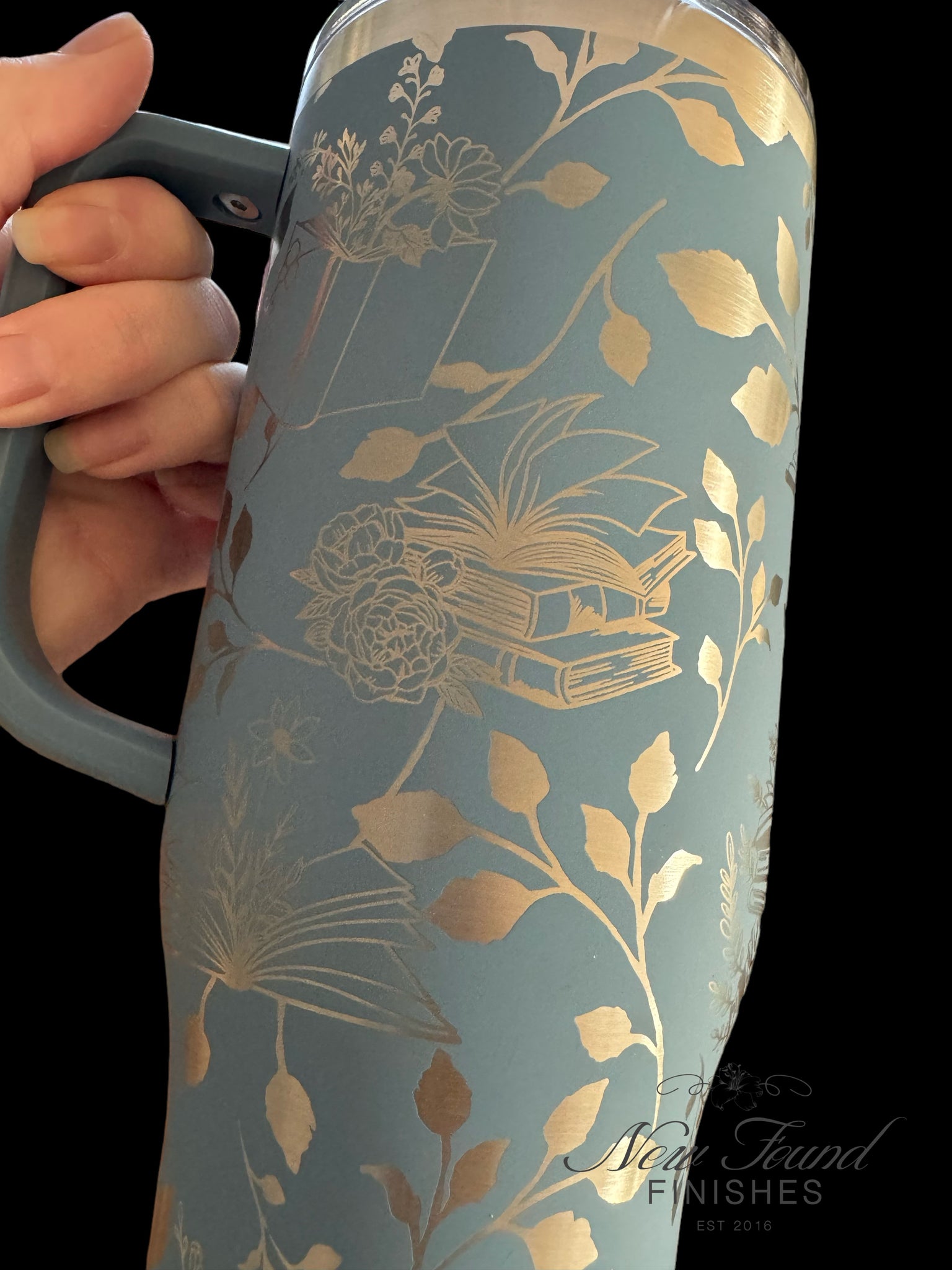 360 laser engraved 40oz tumbler with handle and straw.