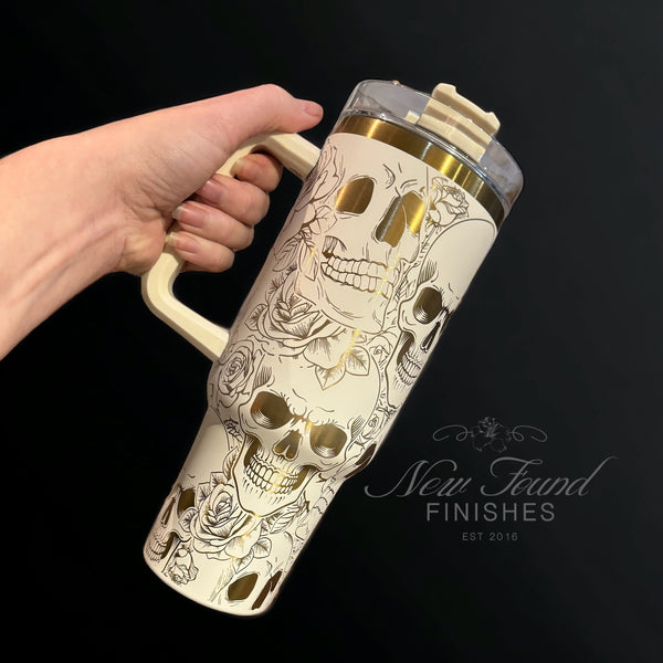 360 laser engraved 40oz tumbler with handle and straw.