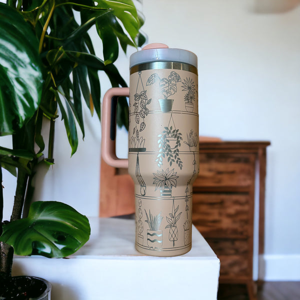 360 laser engraved 40oz tumbler with handle and straw.