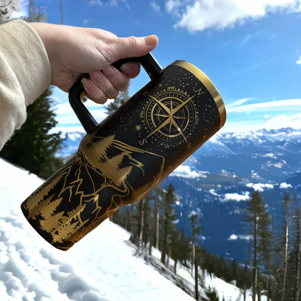 360 laser engraved 40oz tumbler with handle and straw.