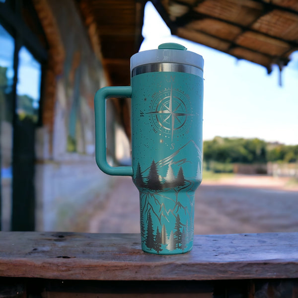360 laser engraved 40oz tumbler with handle and straw.