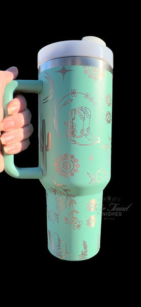 360 laser engraved 40oz tumbler with handle and straw.