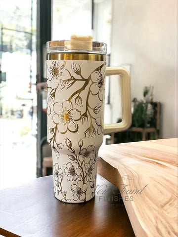 360 cherry blossom white/gold laser engraved 40oz tumbler with handle and straw.