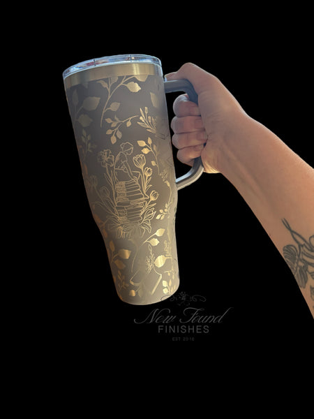 360 laser engraved 40oz tumbler with handle and straw.