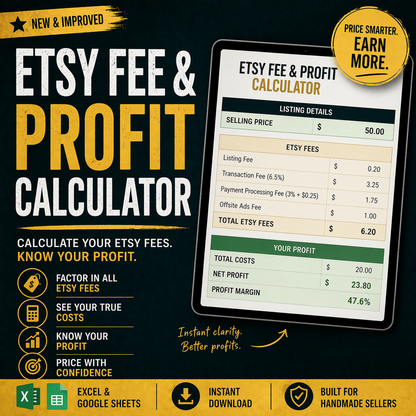 Etsy fee and profit calculator showing listing fees, transaction costs, and profit margin for Etsy sellers