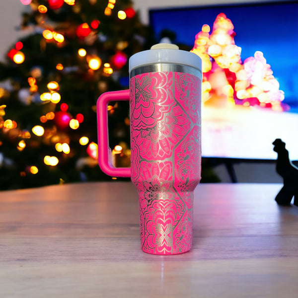 360 laser engraved 40oz tumbler with handle and straw.
