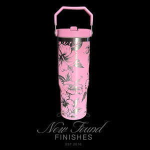 360 hibiscus pink laser engraved 30 oz flip top tumbler with handle.