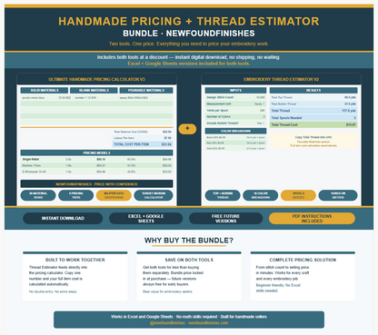 Handmade Pricing and Thread Estimator Bundle by NewFoundFinishes. Shows both calculator previews side by side — the Ultimate Handmade Pricing Calculator V3 with material sections, pricing models and cost summary, and the Embroidery Thread Estimator V2 with stitch count inputs and color breakdown. Feature callout pills include instant download, Excel and Google Sheets, free future versions, and PDF instructions included.