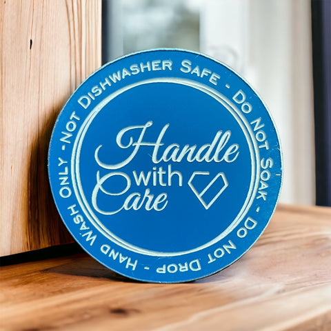 Two toned, adhesive 1.5” Thin circle with tumbler care instruction tags for tumbler bottoms