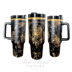 360 dream catcher black/gold laser engraved 40oz tumbler with handle and straw.