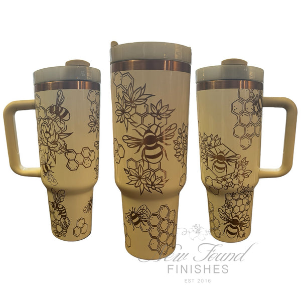 360 bee and flowers cream with copper base laser engraved 40oz tumbler with handle and straw.