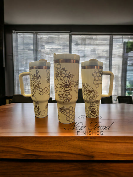 360 bee and flowers cream with copper base laser engraved 40oz tumbler with handle and straw.