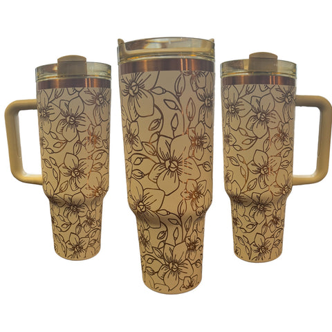 360 orchid cream/copper laser engraved 40oz tumbler with handle and straw.