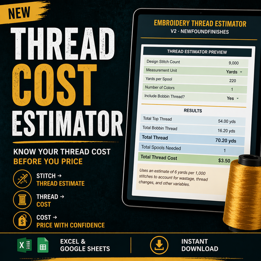 Embroidery thread cost estimator tool showing stitch count, thread usage, and total thread cost calculator for pricing embroidery products