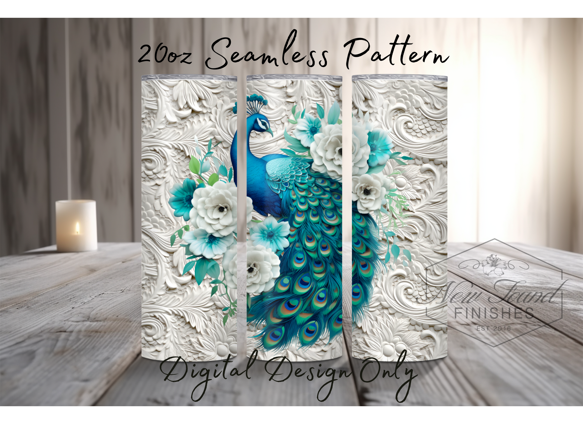 Peacock and 3D flower seamless 20 Oz wrap - PNG
