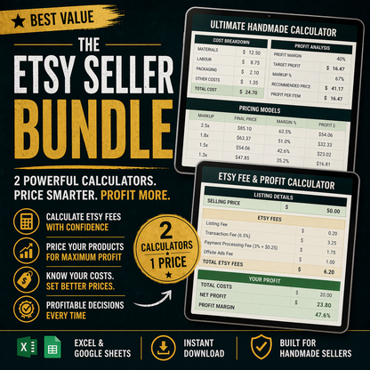 Bundle of Etsy fee calculator and handmade pricing calculator to help Etsy sellers calculate costs, fees, and profit