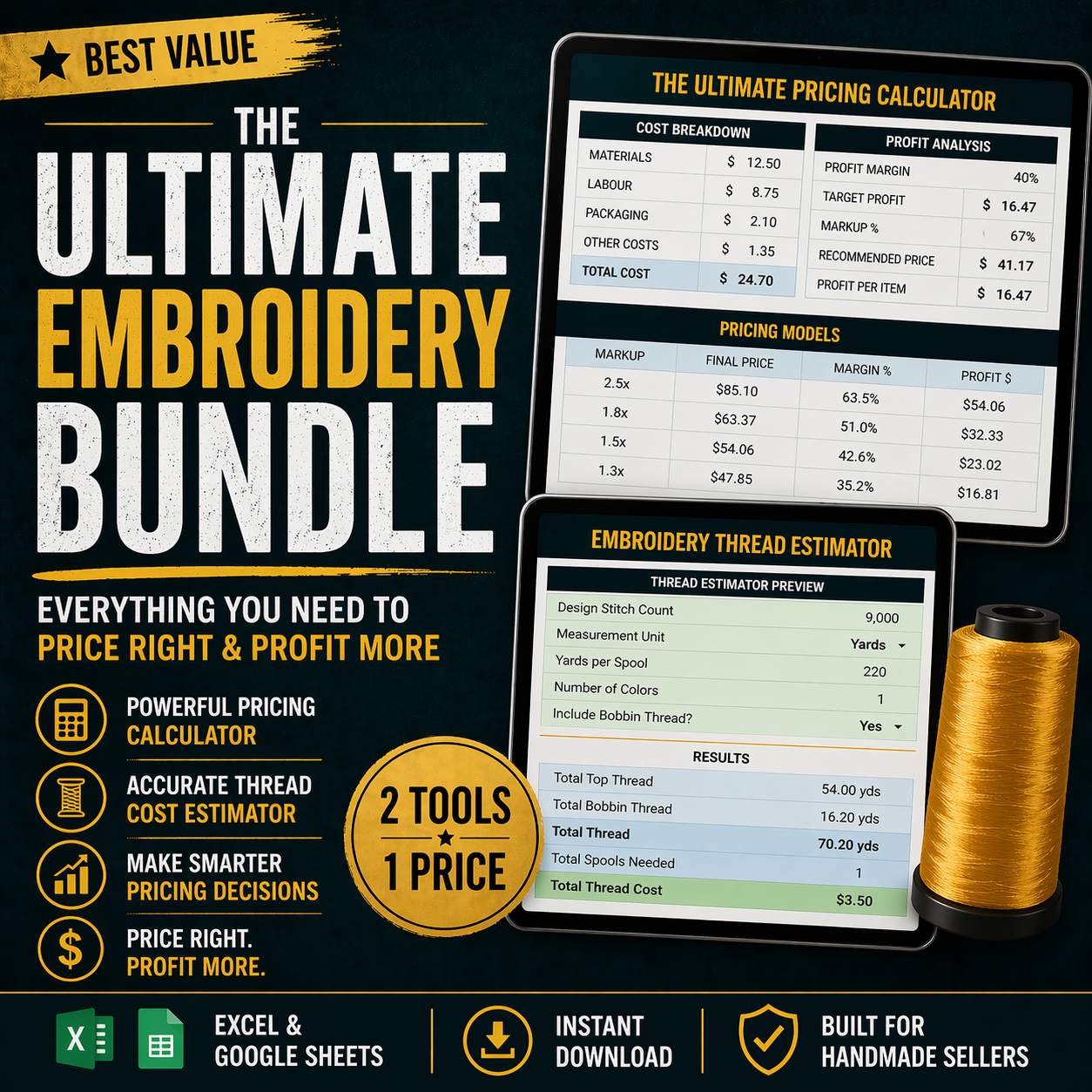 Bundle of handmade pricing calculator and embroidery thread estimator tools to calculate costs and set profitable prices for handmade businesses