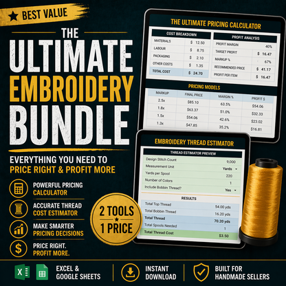 Bundle of handmade pricing calculator and embroidery thread estimator tools to calculate costs and set profitable prices for handmade businesses