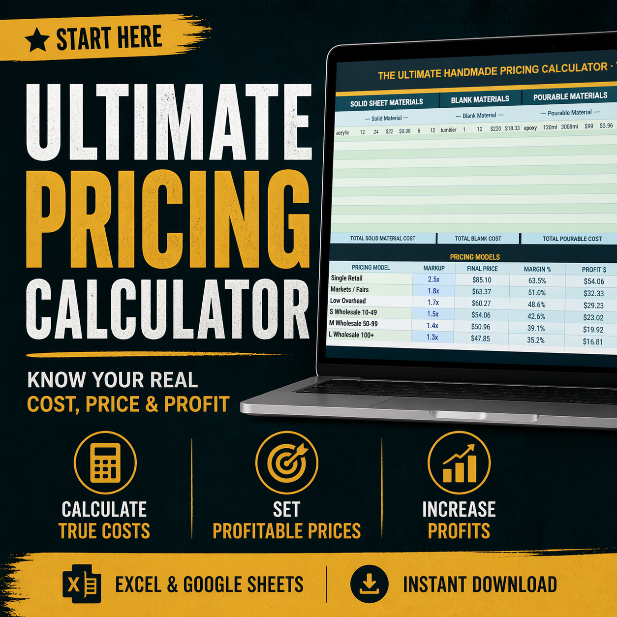 Pricing calculator for handmade products showing cost breakdown, profit, and price calculation tool for small business owners