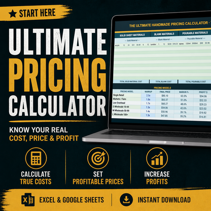 Pricing calculator for handmade products showing cost breakdown, profit, and price calculation tool for small business owners