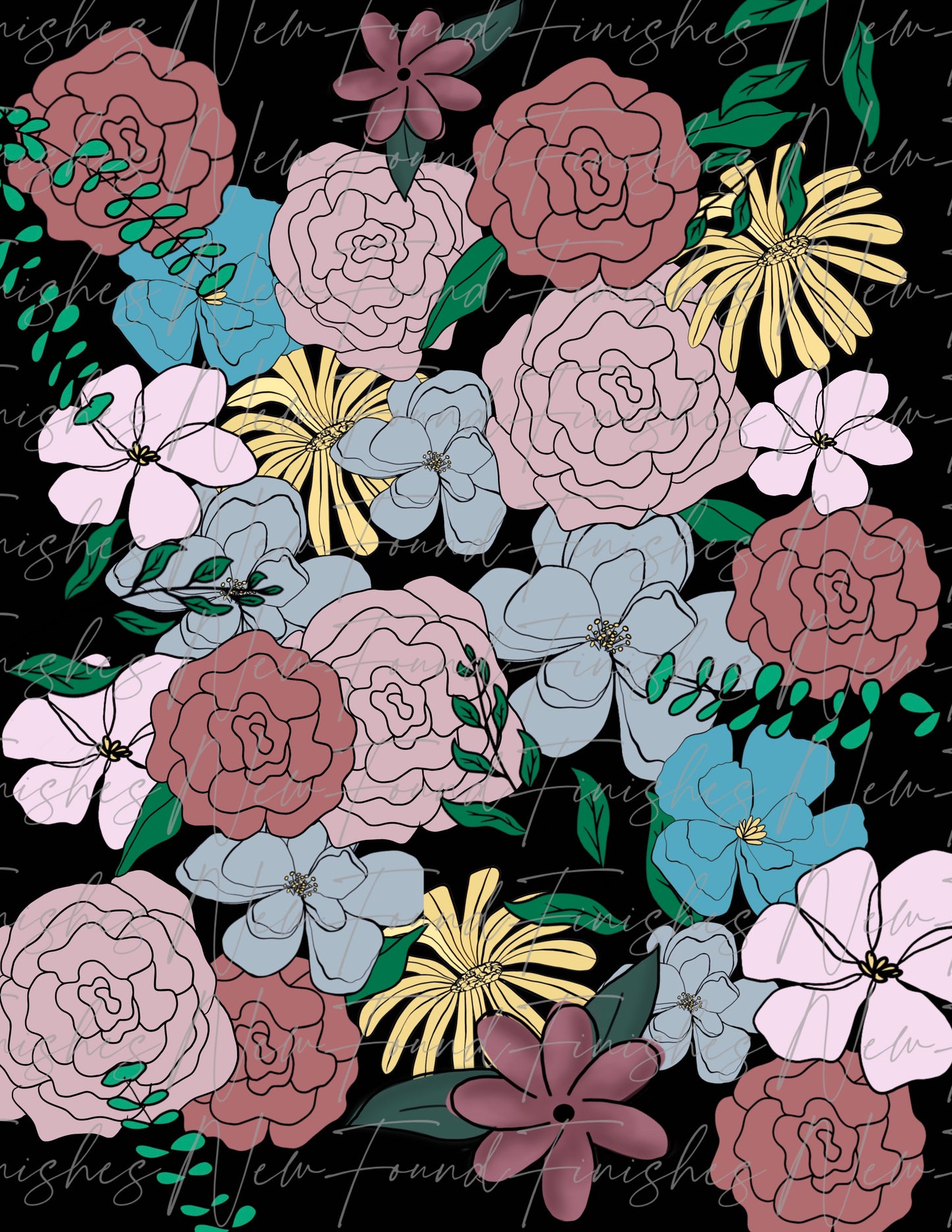 Blue and Blush floral hand drawn floral  PNG