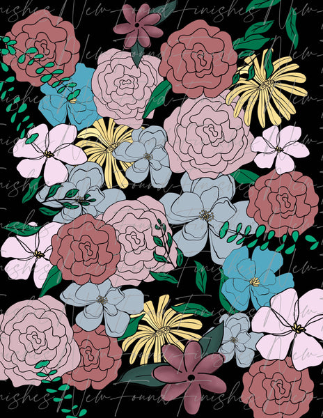 Blue and Blush floral hand drawn floral  PNG