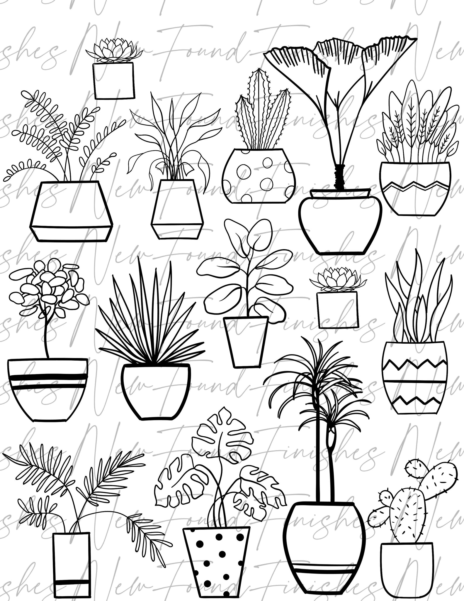 Potted plants line drawing 2 DARK