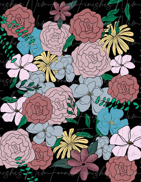 Yellow, Blue and Blush floral hand drawn floral  PNG